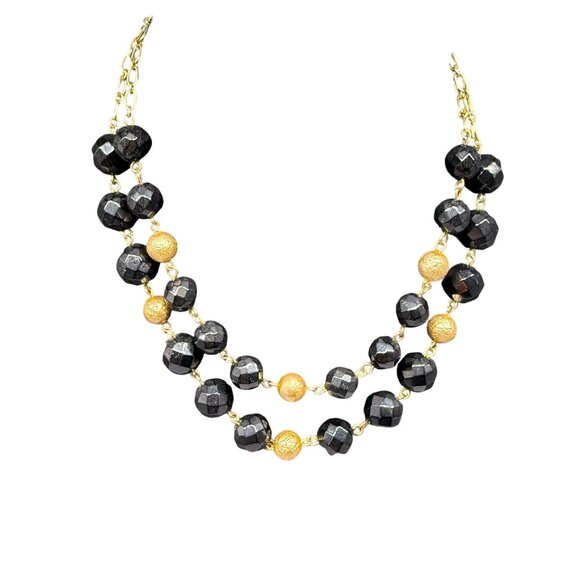Vintage Black Gold Faceted Beads Double-Strand Chain Necklace Gold Tone - Picture 1 of 7